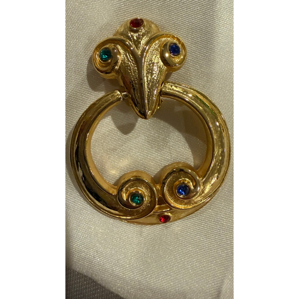 Vintage 1980s Door Knocker Clip- On Earrings Gold Tone with Multi-Color Stones - Picture 3 of 8